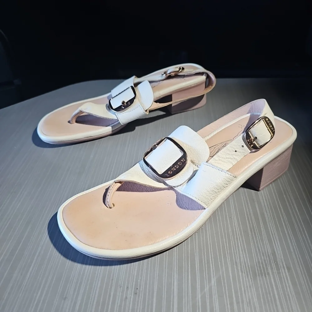 Fly London Beige Emat Leather Buckle Gladiator Mule Sandals Size 38 US 7/7.5 EUC